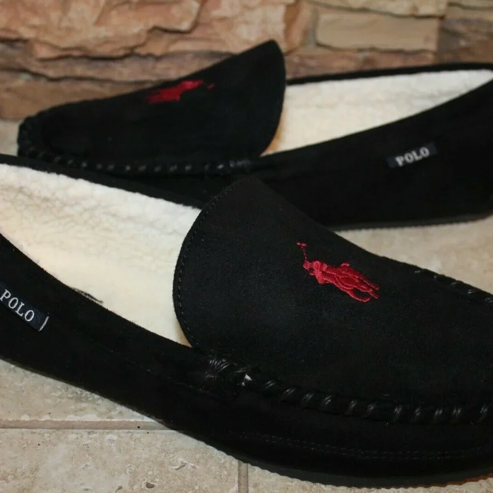 POLO RALPH LAUREN MEN'S SUEDE SLIPPERS BLACK‎ RED